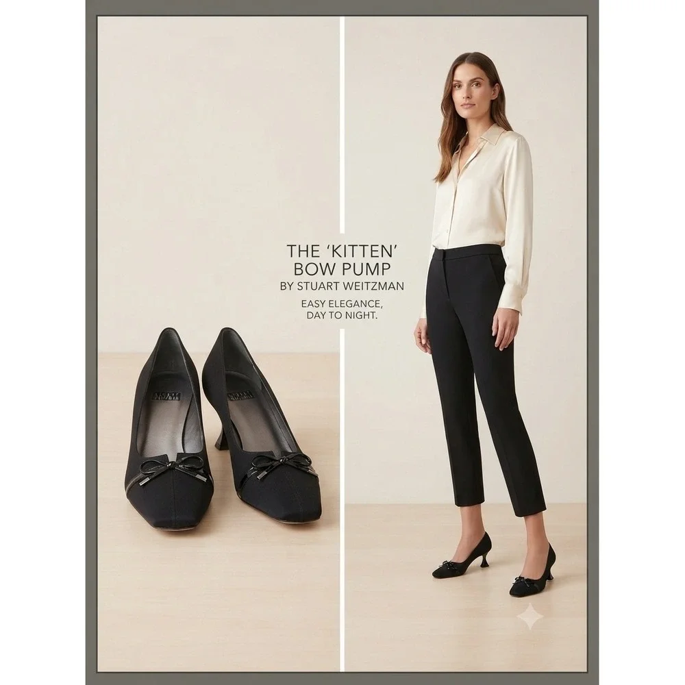 Stuart Weitzman Pump Women 8.5 Black Kitten Bow Square Toe Professional Evening